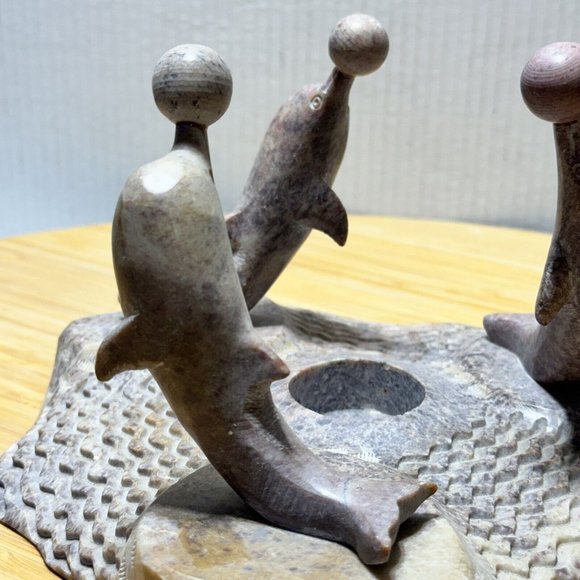 🕯️ Carved Soapstone (3) Dolphin's Candle Holder Sculpture Decor - Picture 5 of 12